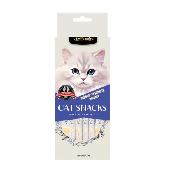 Emily pets cat strips Delicious Cat Snacks Tuna Salmon Wet Cat Food blue