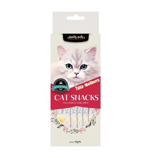 Emily pets cat strips Delicious Cat Snacks Tuna Salmon Wet Cat Food red